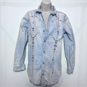 Lucky Brand Embroidered Denim Button-Up Boyfriend Shirt Aztec Southwestern